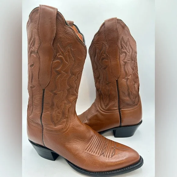 Lucchese 2000 Women’s Cowgirl Western Boots Brown Camel Leather Size 7 Scalloped - Picture 4 of 17